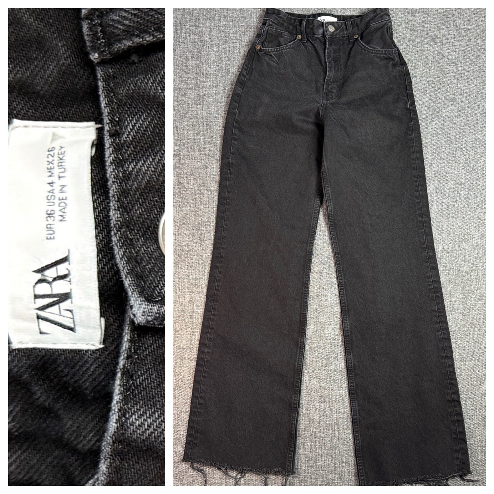 Women Zara Jeans | Size 4 - Waist‎ 26 | Black High Rise Wide Leg Raw Hem Denim
